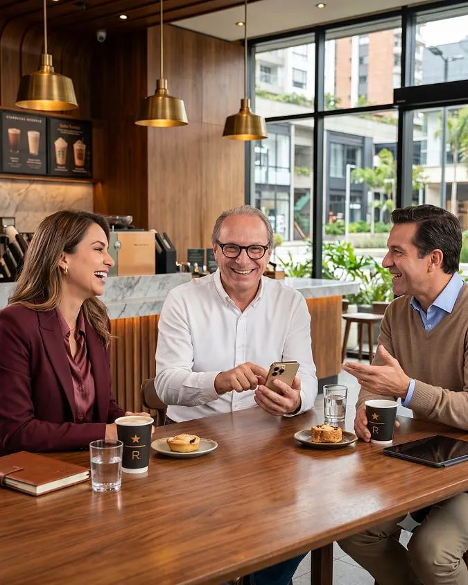 Juan Camilo conversa con dos personas interesadas en el negocio en una cafetería